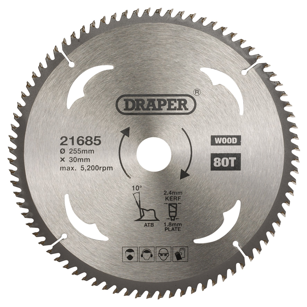 Draper TCT SAW BLADE 255MM 80T WOOD 21685 TCT Circular Saw Blade for Wood, 255 x 30mm