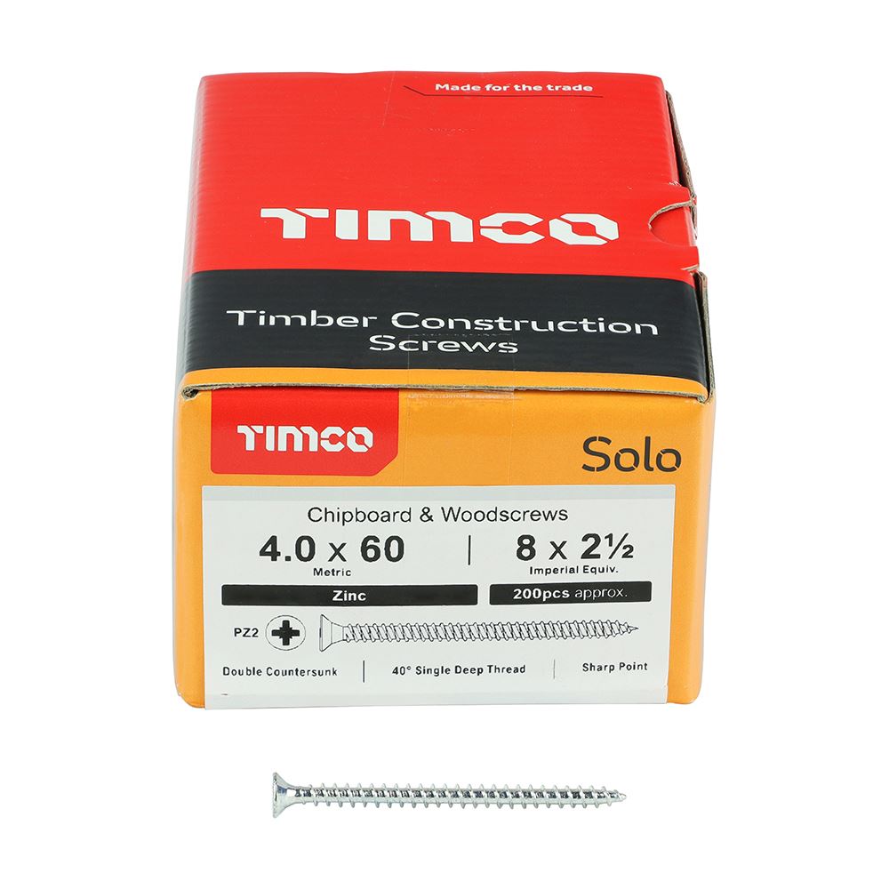 TIMCO Solo Woodscrew PZ2 CSK Zinc 4.0 x 60 Silver Pack 200