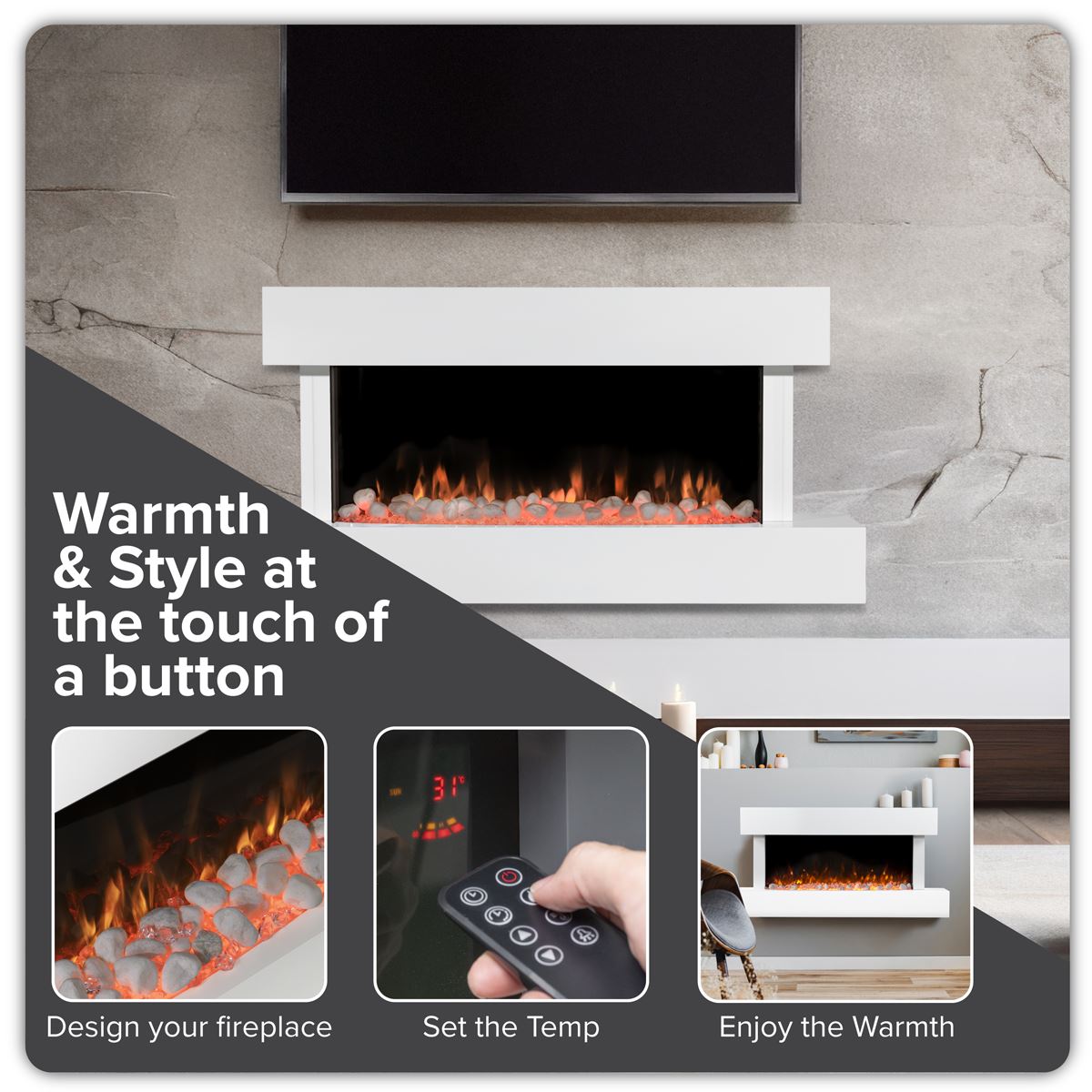 Baridi DH113 Wall Mounting Electric Fireplace with LED Flame Effect 46" - White | 230V~50Hz, Timer, Remote Control | Create a relaxing and cozy space