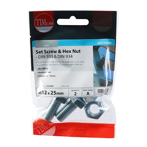 TIMCO Set Screw & Hex Nut - BZP M12 x 25 Silver Pack 2