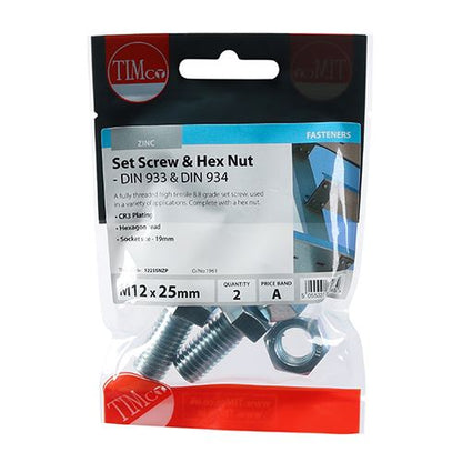 TIMCO Set Screw & Hex Nut - BZP M12 x 25 Silver Pack 2