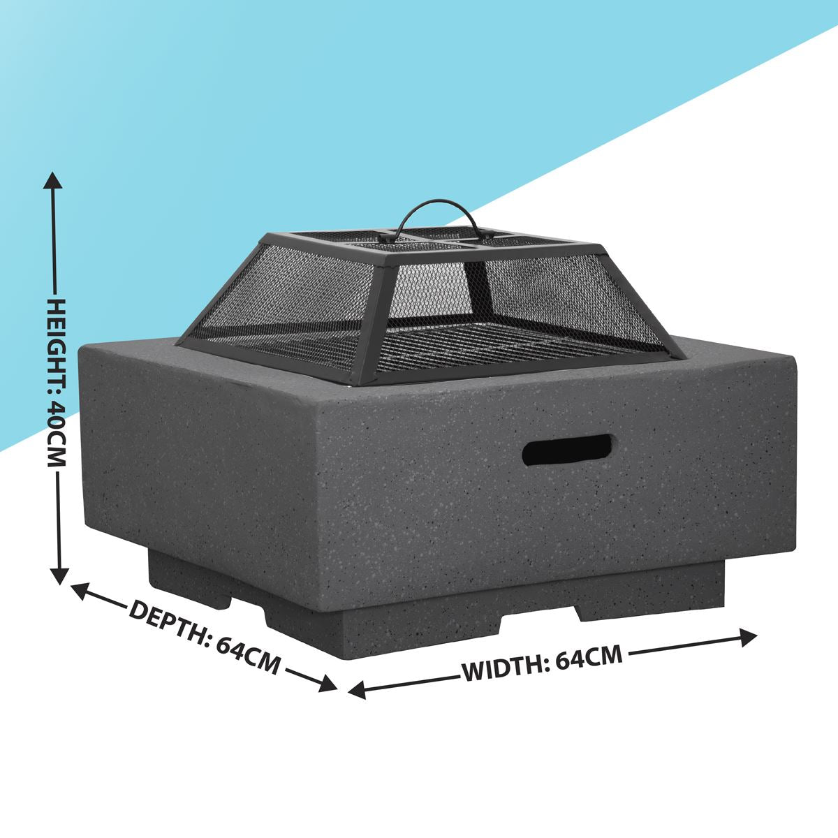 Dellonda DG193 Square MgO Fire Pit with BBQ Grill, Safety Mesh Screen - Dark Grey | Magnesium Oxide | The fire pit is made from MgO (Magnesium Oxide)