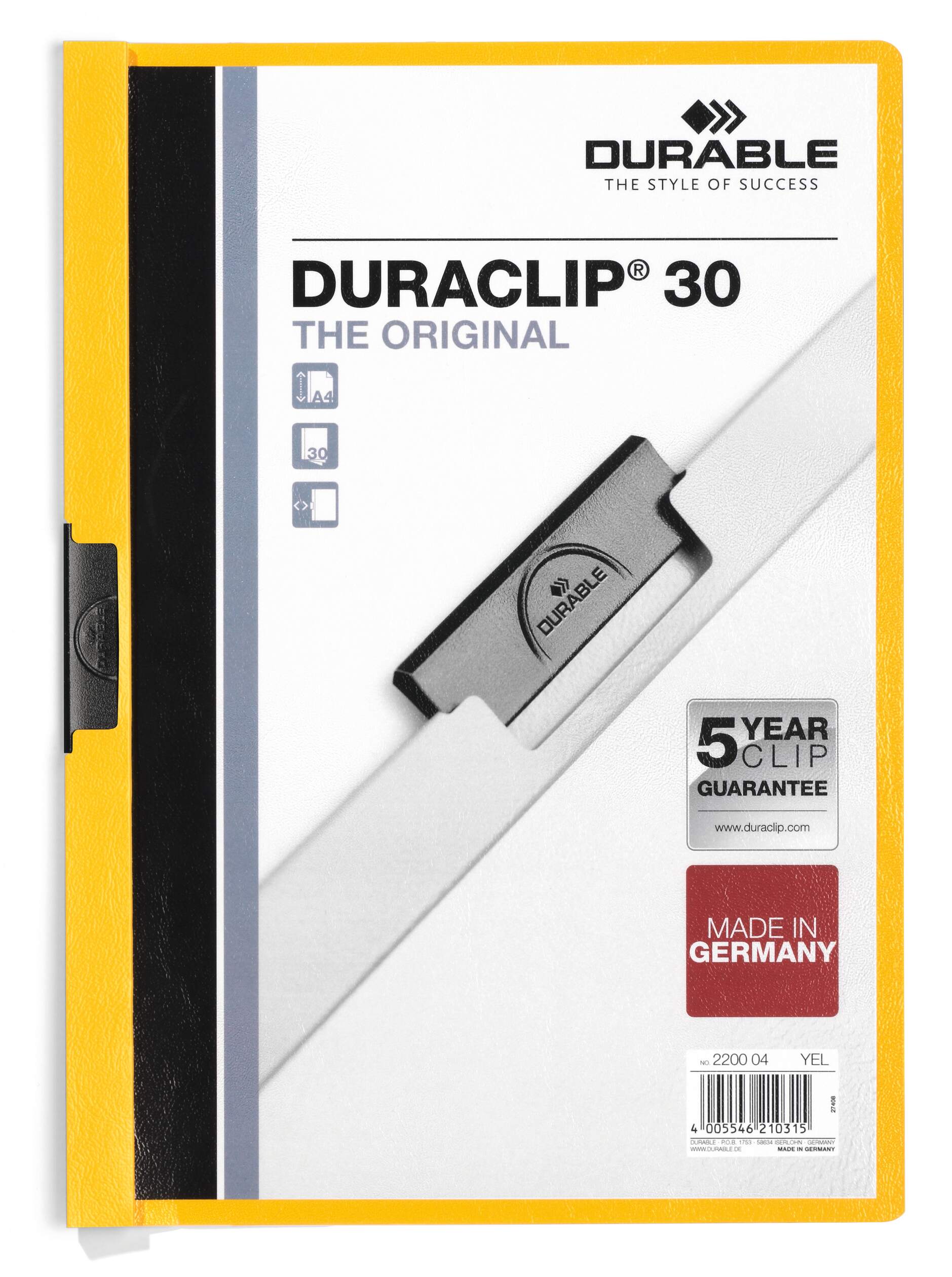 Durable DURACLIP 30 Sheet Document Metal Clip File Folder | 25 Pack | A4 Yellow
