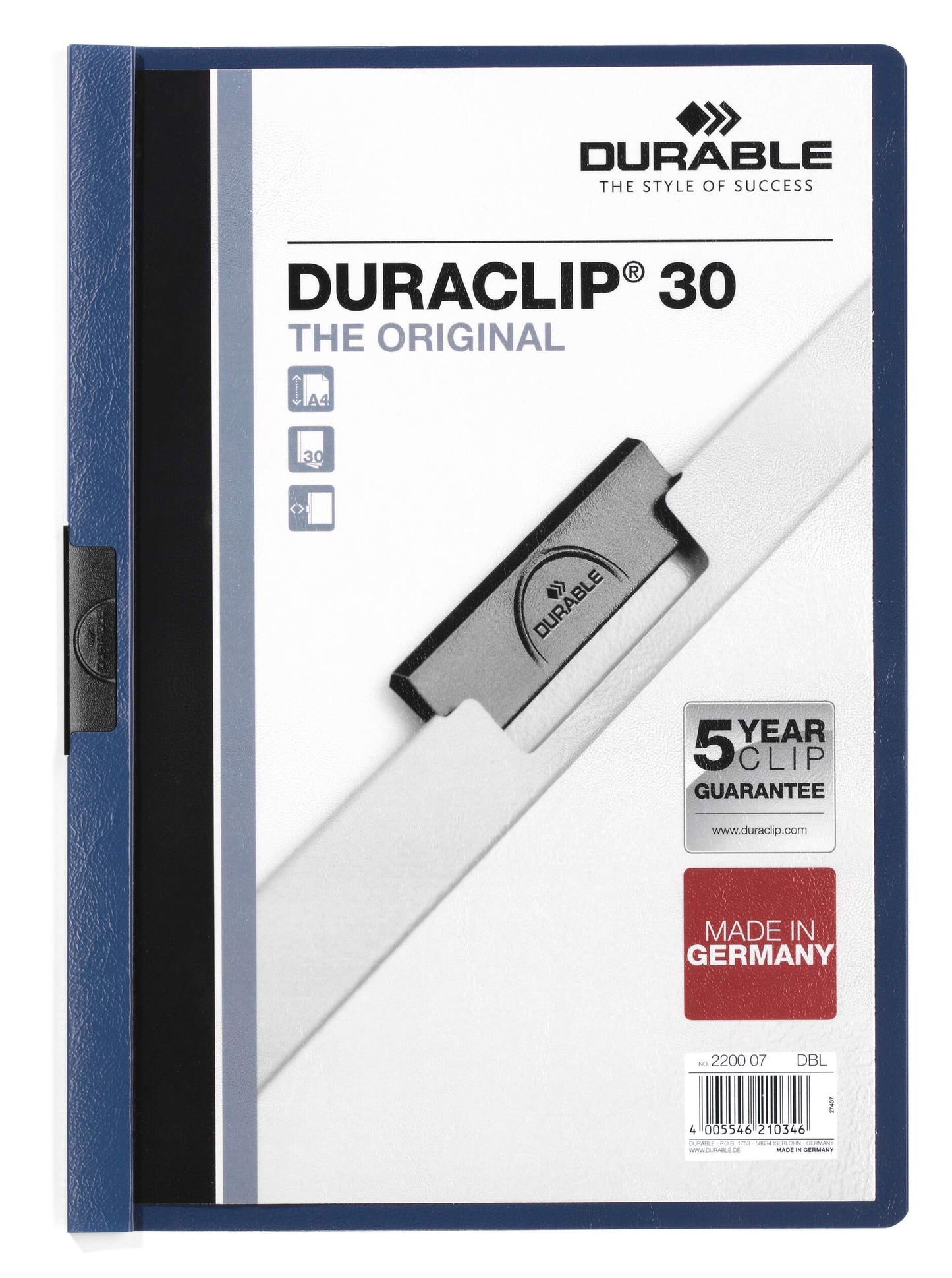 Durable DURACLIP 30 Sheet Document Clip File Folder | 25 Pack | A4 Dark Blue