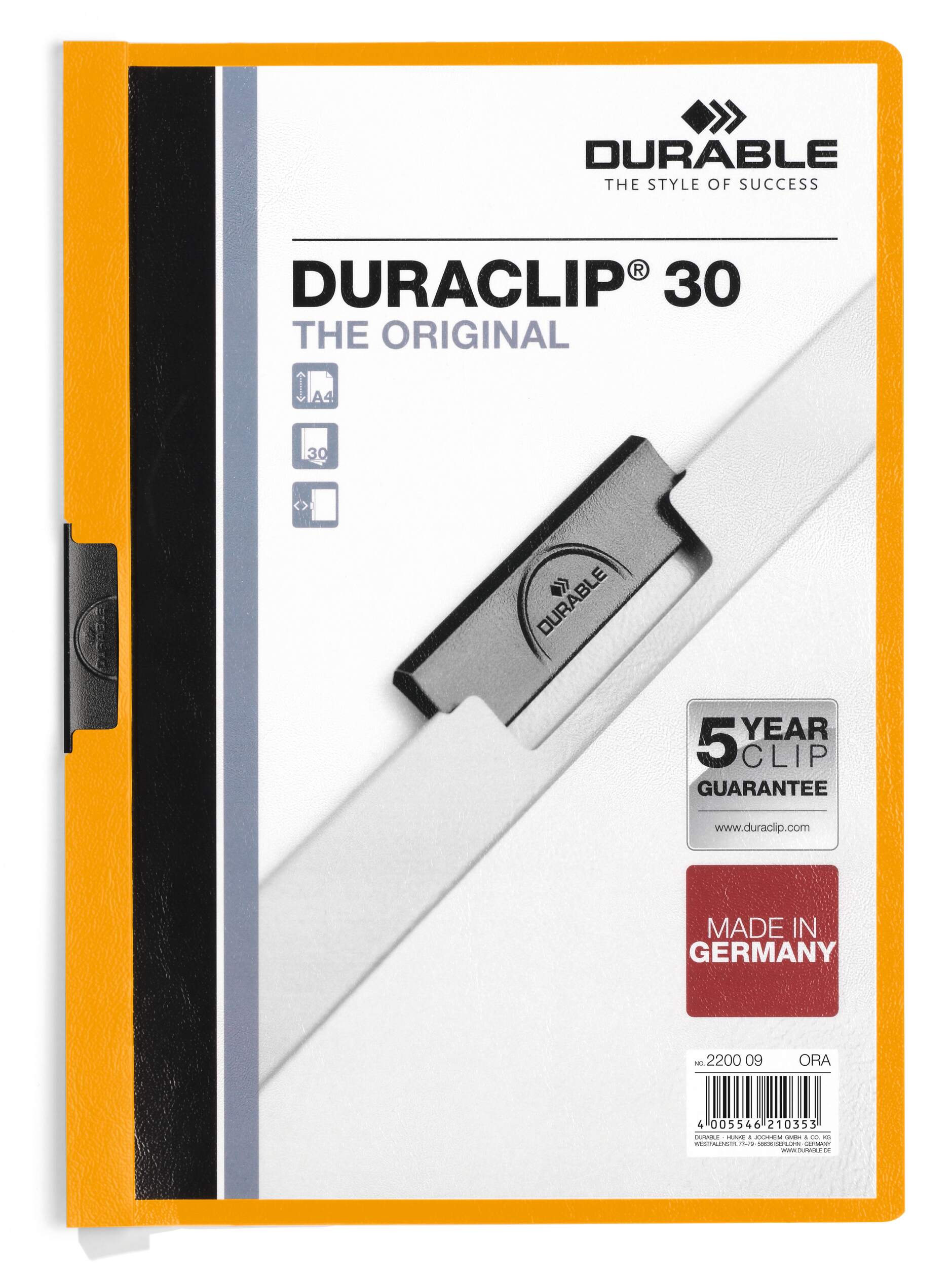Durable DURACLIP 30 Sheet Document Metal Clip File Folder | 25 Pack | A4 Orange