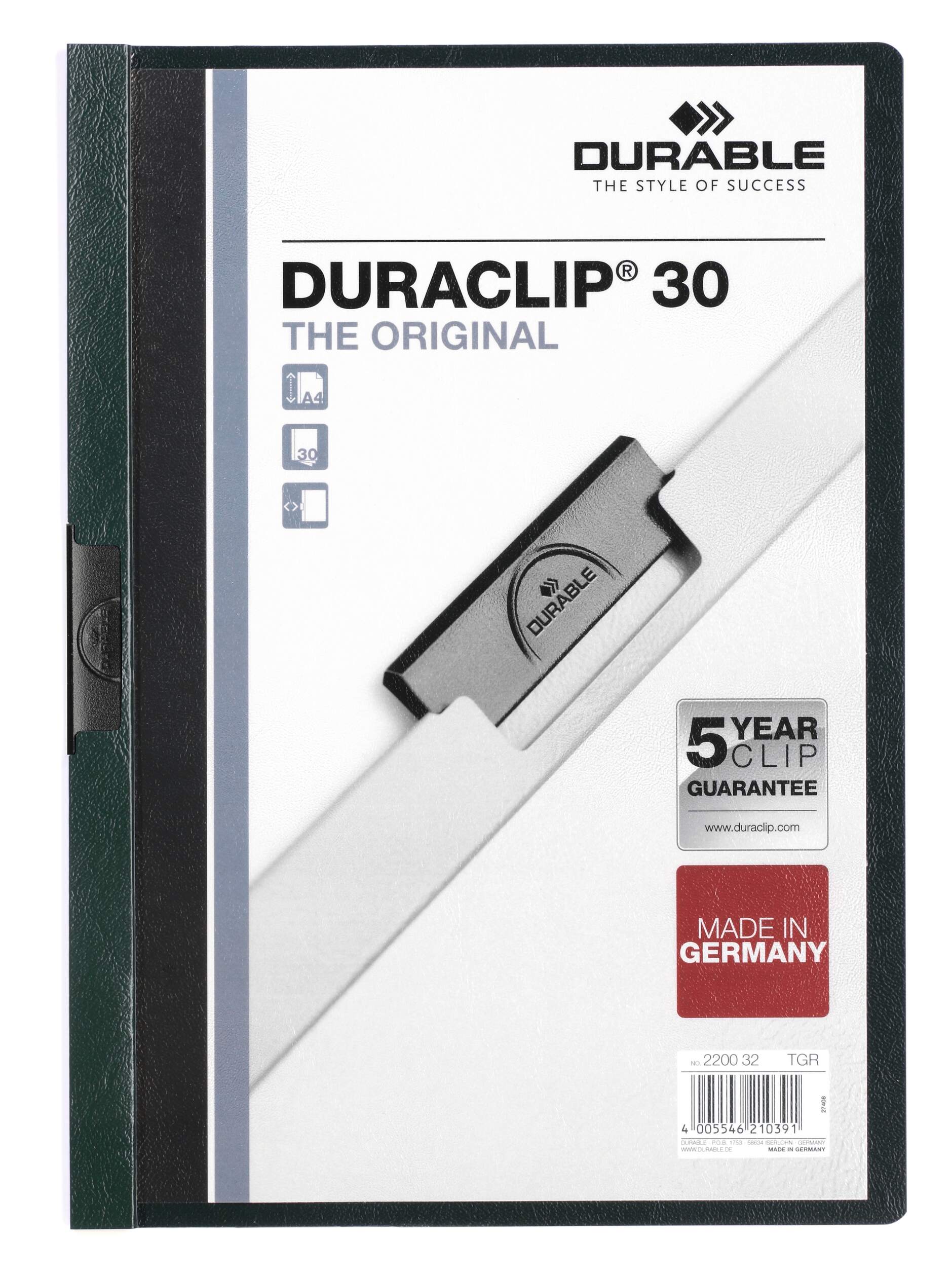 Durable DURACLIP 30 Sheet Document Clip File Folder | 25 Pack | A4 Dark Green