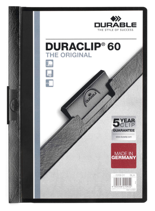 Durable DURACLIP 60 Sheet Document Metal Clip File Folder | 5 Pack | A4 Black