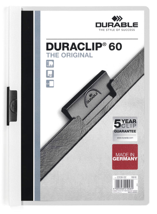 Durable DURACLIP 60 Sheet Document Metal Clip File Folder | 5 Pack | A4 White