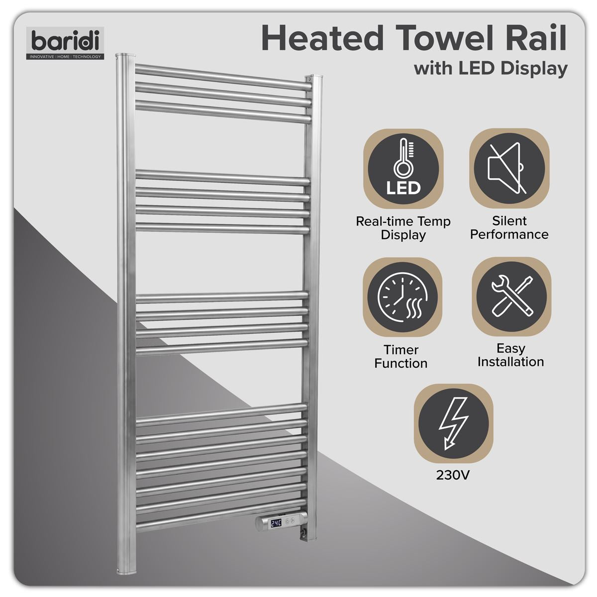 Baridi DH372 Electric Heated Towel Rail 1085 x 535mm with LED Display - Silver | 425W, 230V - 50HZ, Overheat Protection | LED temperature display.