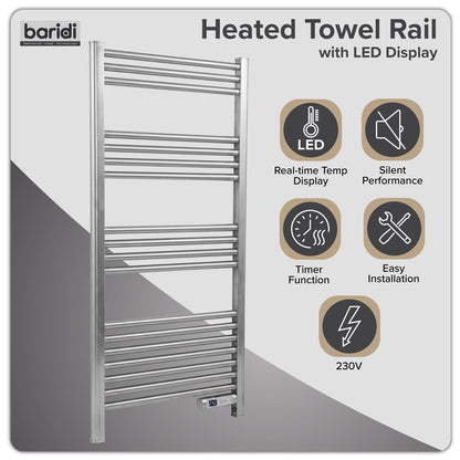 Baridi DH372 Electric Heated Towel Rail 1085 x 535mm with LED Display - Silver | 425W, 230V - 50HZ, Overheat Protection | LED temperature display.