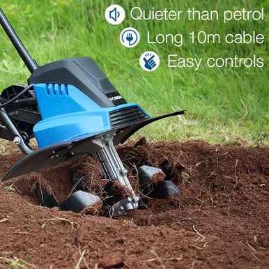 Hyundai HYT1500E Electric Garden Tiller 1500W 45cm Width 22cm Depth 6 Blades 450mm Cultivator Rotavator Soil Cultivator Rotavator