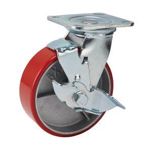 Draper IND.PU CAST.PLATE/BK-160MM DIA 65530 Heavy Duty Polyurethane Wheeled Swivel Plate Castors with Brake