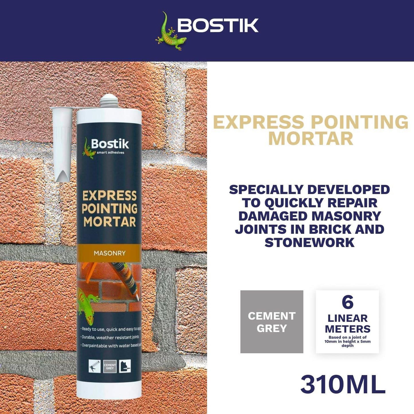 Bostik Express Pointing Mortar 310ml – Grey and Buff Ready-Mixed Masonry Joint Repair for Brick, Stone, Brick Slips and Lead Flashing