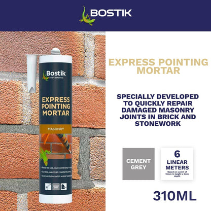 Bostik Express Pointing Mortar 310ml – Grey and Buff Ready-Mixed Masonry Joint Repair for Brick, Stone, Brick Slips and Lead Flashing