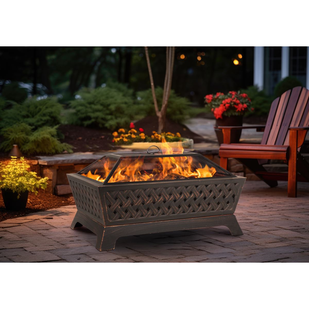 Dellonda DG44 89cm Rectangular Outdoor Fire Pit, Antique Bronze Effect | Safety Screen | Contemporary style rectangular fire pit is perfect for