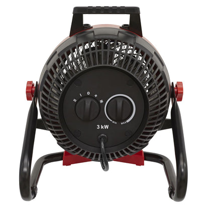 Sealey FH3000 Industrial Fan Heater 3000W/230V | 0-3000W, 230V ~ 50Hz, Thermostat, Tip-Over Switch | Portable industrial heater with two heat settings