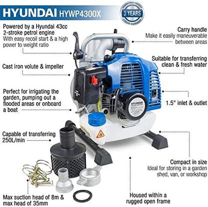 Hyundai HYWP4300X Water Pump 43cc 1.5in 35mm Clean Water 250L/min 35m Head 8m Lift 2-Stroke Transfer Pump Drainage Pump Drainage Transfer Pump