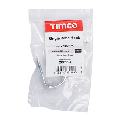 TIMCO Single Robe Hook Pol. Chrome 44 x 18mm Pack 1
