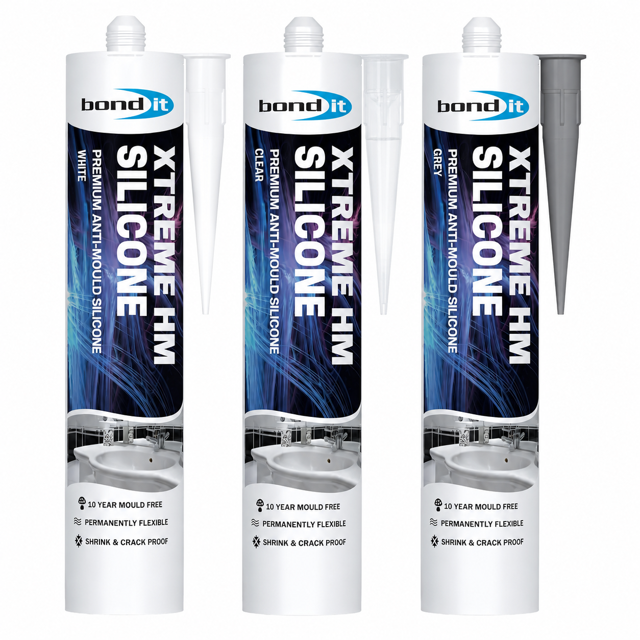 Bond It Extreme Sanitary Sealant – Anti Mould Bathroom & Kitchen Sealant, White Clear Grey