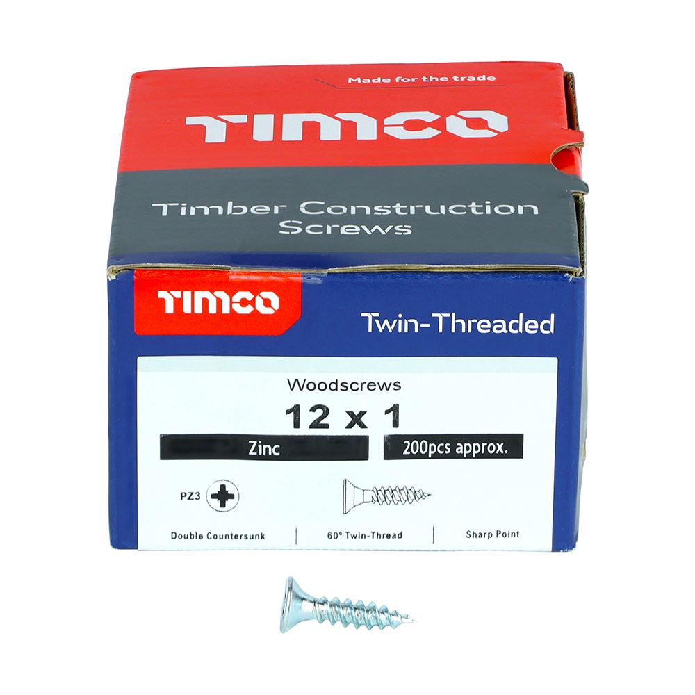 TIMCO Twin Woodscrew PZ3 CSK Zinc 12 x 1 Silver Pack 200