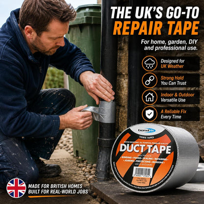Bond It Duct Tape 48mm x 45m Heavy Duty Water Resistant Black Silver Gaffer Cloth Repair Sealing Tape
