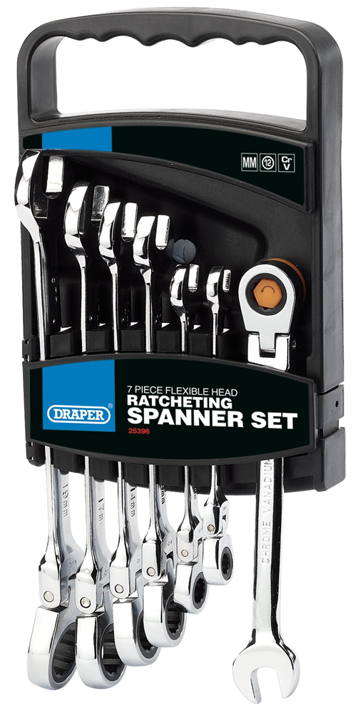 Draper 7PC FLEX HEAD RATCH SPANN SET 25396 25396 Draper HI-TORQÂ® Metric Flexible Head Ratcheting Combination Spanner Set (7 Piece)