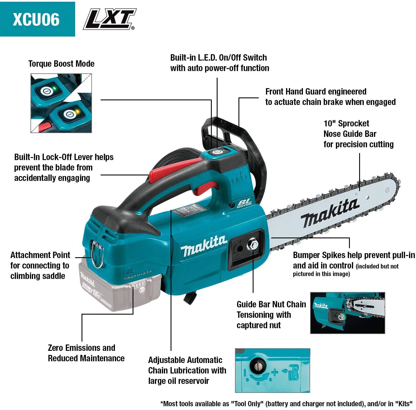 Makita DUC254Z 18v LXT Cordless Brushless 25cm Chainsaw Top Handle with 1 x 5 ah Battery