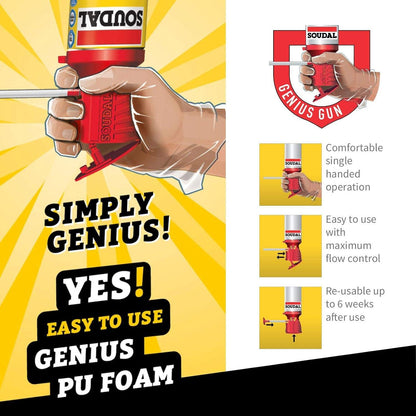 12 x Soudal Hand Held PU Expanding Foam 600ml Genius Gun Filler Insulation