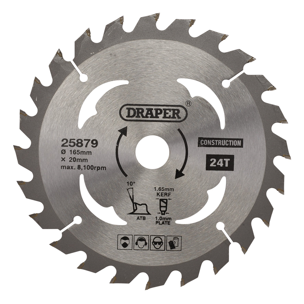 Draper TCT SAW BLADE 165MM 24T CONS 25879 TCT Cordless Construction Circular Saw Blade for Wood & Composites, 165 x 20mm
