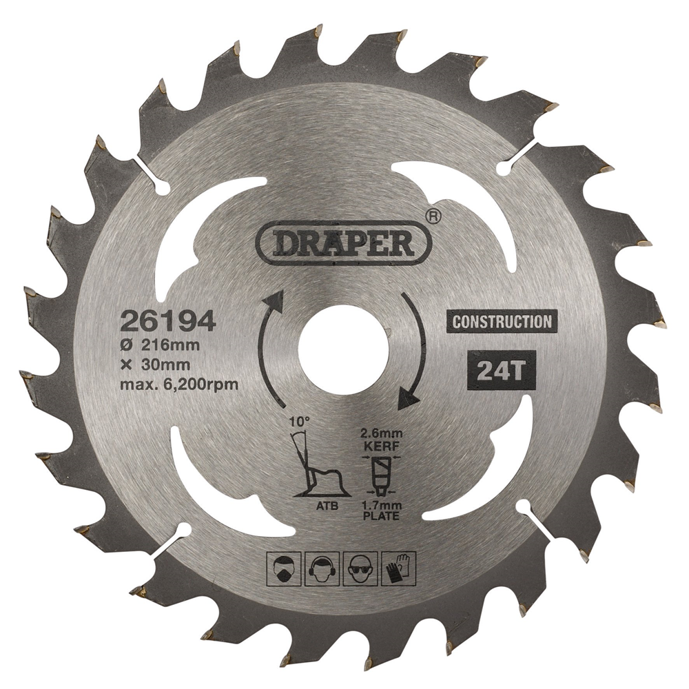 Draper TCT SAW BLADE 216MM 24T CONS 26194 TCT Construction Circular Saw Blade, 216 x 30mm