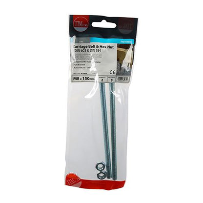 TIMCO Carriage Bolt & Hex Nut - BZP M8 x 150 Silver Pack 2