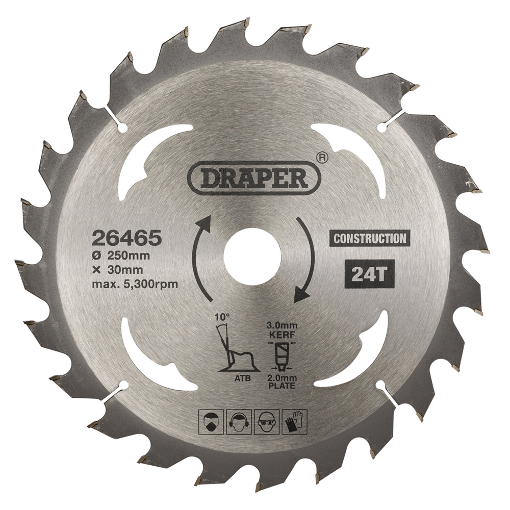 Draper TCT SAW BLADE 250MM 24T CONS 26465 TCT Construction Circular Saw Blade, 250 x 30mm