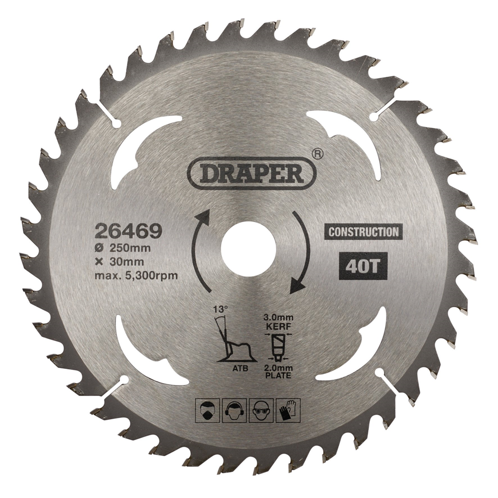 Draper TCT SAW BLADE 250MM 40T CONS 26469 TCT Construction Circular Saw Blade, 250 x 30mm