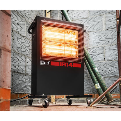 Sealey IR14 Infrared Cabinet Heater 1.4/2.8kW 230V | 1400/2800W, 230V-13A, Thermostat, Timer, Adjustable | Powder coated metal cabinet with two ruby