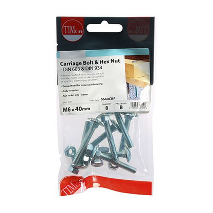 TIMCO Carriage Bolt & Hex Nut - BZP M6 x 40 Silver Pack 8
