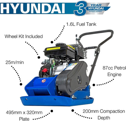Hyundai HYCP5030 78.5cc Petrol Plate Compactor / Wacker Plate 50kg with Wheel Kit, Paving Pad & 150mm Compaction Depth