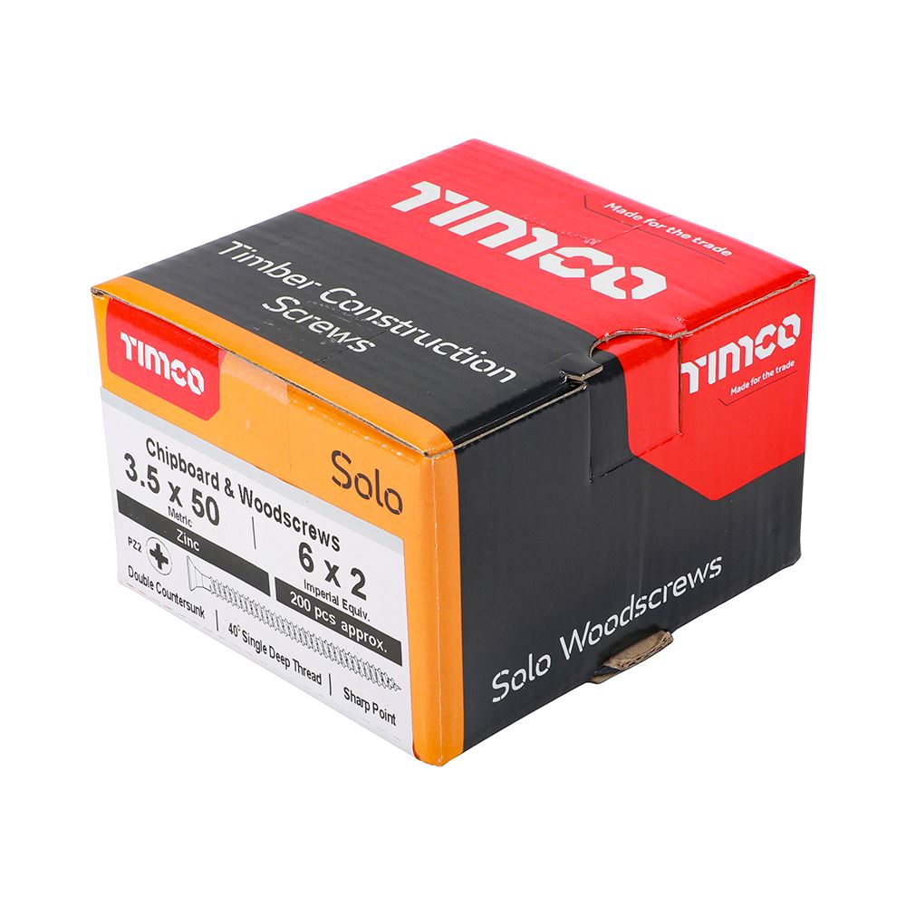 TIMCO Solo Woodscrew PZ2 CSK Zinc 3.5 x 50 Silver Pack 200