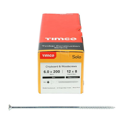 TIMCO Solo Woodscrew PZ3 CSK Zinc 6.0 x 200 Silver Pack 100