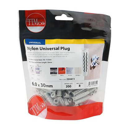 TIMCO Nylon Universal Plug 6.0 x 30 Pack 200