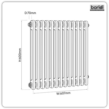 Baridi DH367 Horizontal Traditional 2 Column Radiator 600 x 607mm - White | Steel | Horizontal traditional two column radiator delivers a BTU output