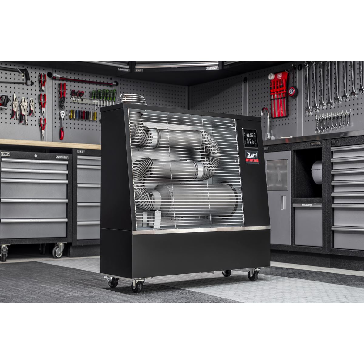 Sealey IR13 Industrial Infrared Diesel Heater 13kW | 44,500btu/hr(13kW), 80W, 230V~50Hz, Thermostat, Timer, Wheels, Overheat Protection