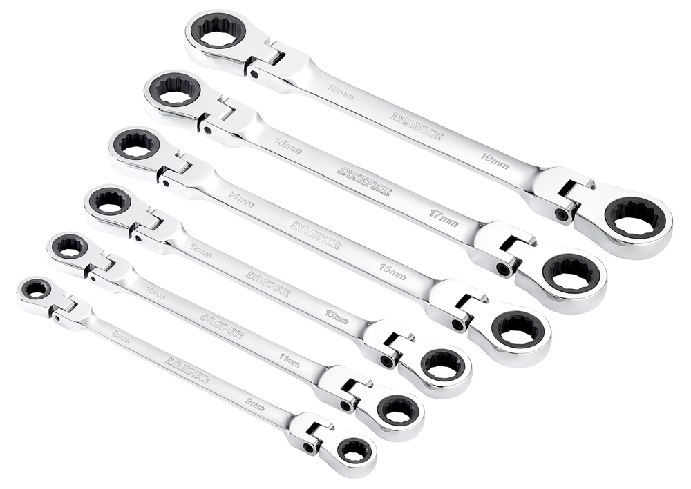 Draper 6PC FLEX RATC RING SPANNER SET 27762 27762 HI-TORQÂ® Metric Flexible Head Double Ring Ratchet Spanner Set (6 Piece)