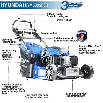 Hyundai HYM530SPER Petrol Lawn Mower 53cm 21in 196cc Electric Start Self Propelled Rear Roller 70L 21"/53cm Garden Mower Garden Grass Cutting