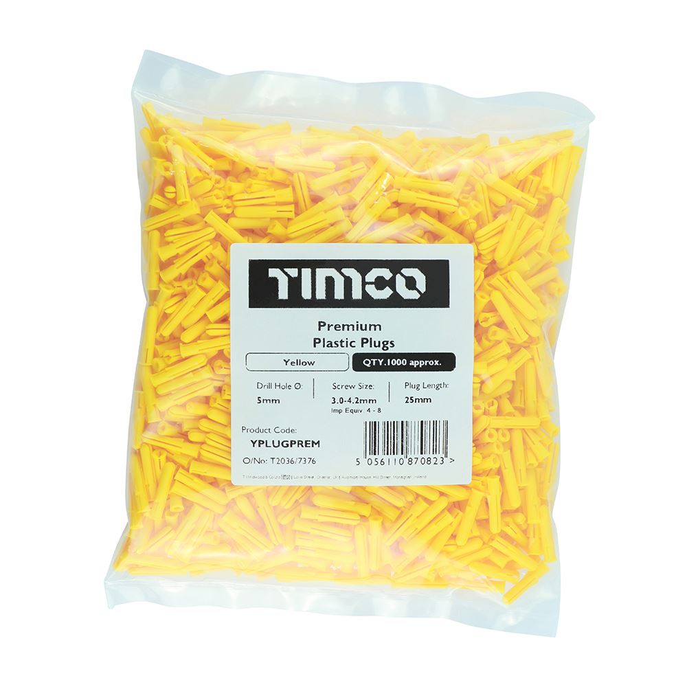 TIMCO Premium Plastic Plugs - Yellow 25mm Yellow Pack 1000