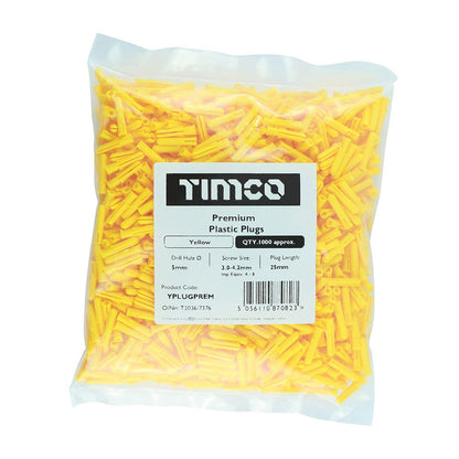 TIMCO Premium Plastic Plugs - Yellow 25mm Yellow Pack 1000