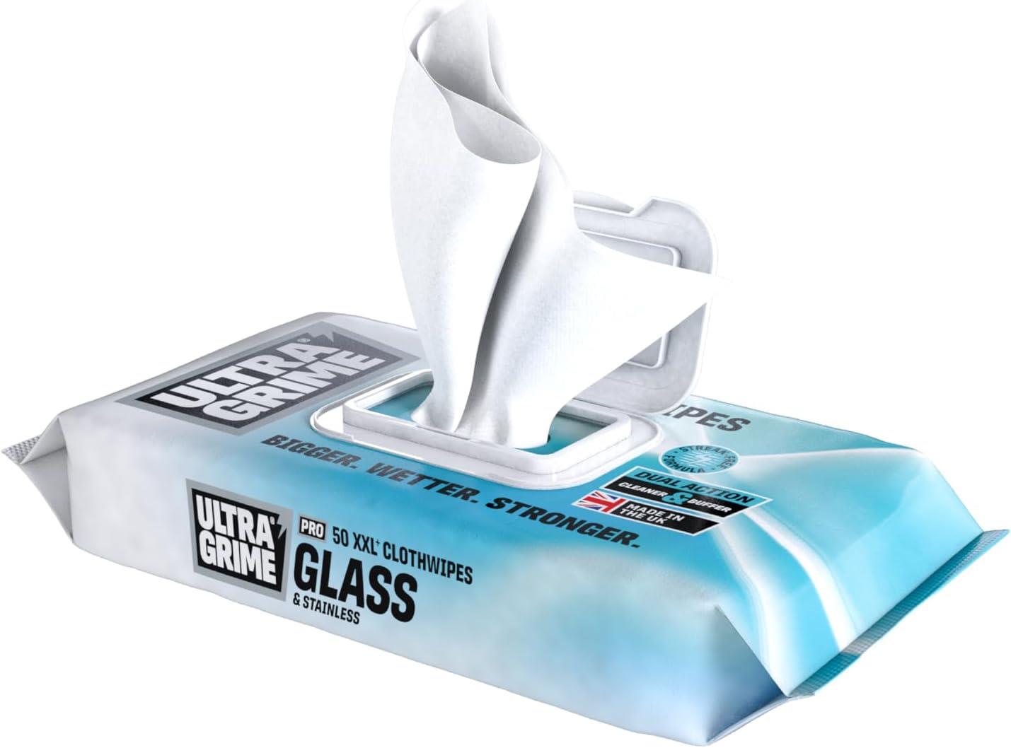 UltraGrime PRO Glass & Stainless Surface Wet Wipes XXL Cloths 50 Pack