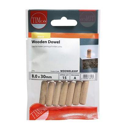 TIMCO Wooden Dowels 8.0 x 30 Pack 15