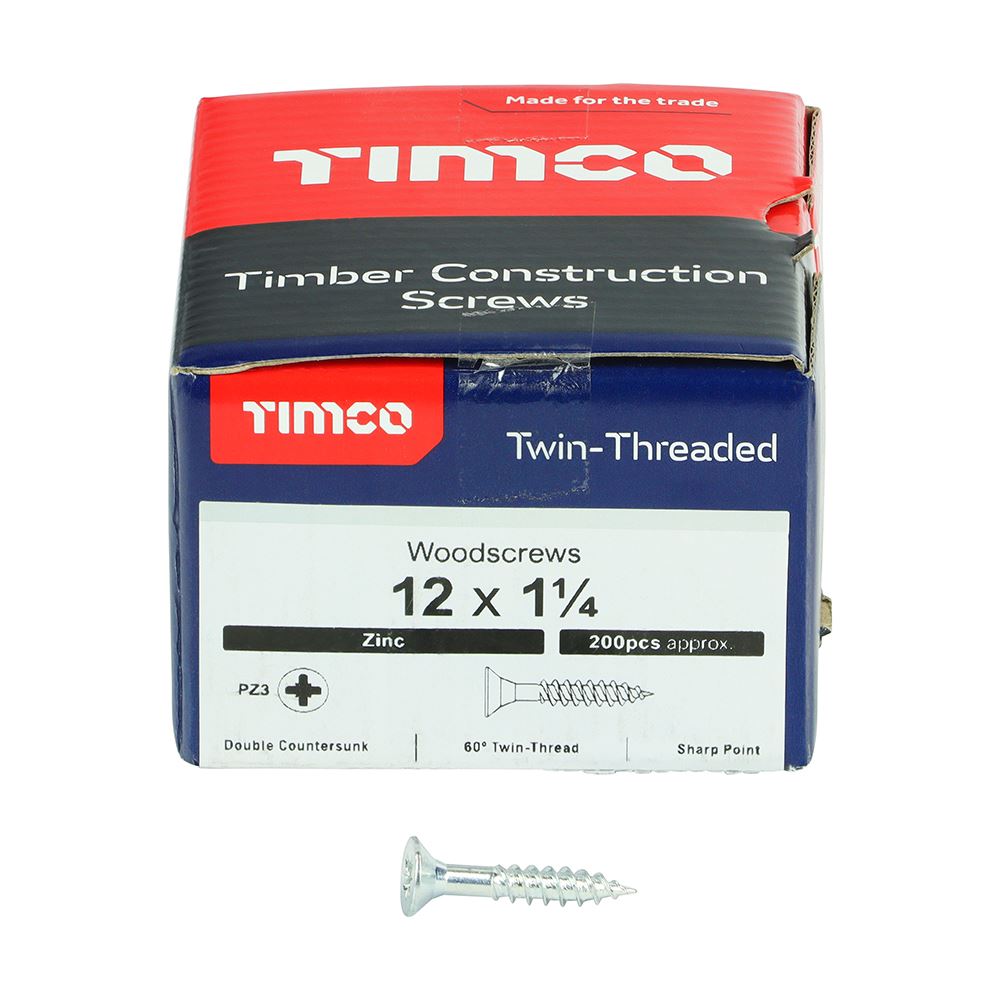TIMCO Twin Woodscrew PZ3 CSK Zinc 12 x 1 1/4 Silver Pack 200