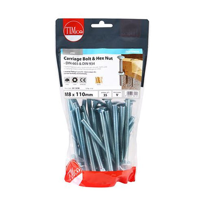 TIMCO Carriage Bolt & Hex Nut - BZP M8 x 110 Silver Pack 35