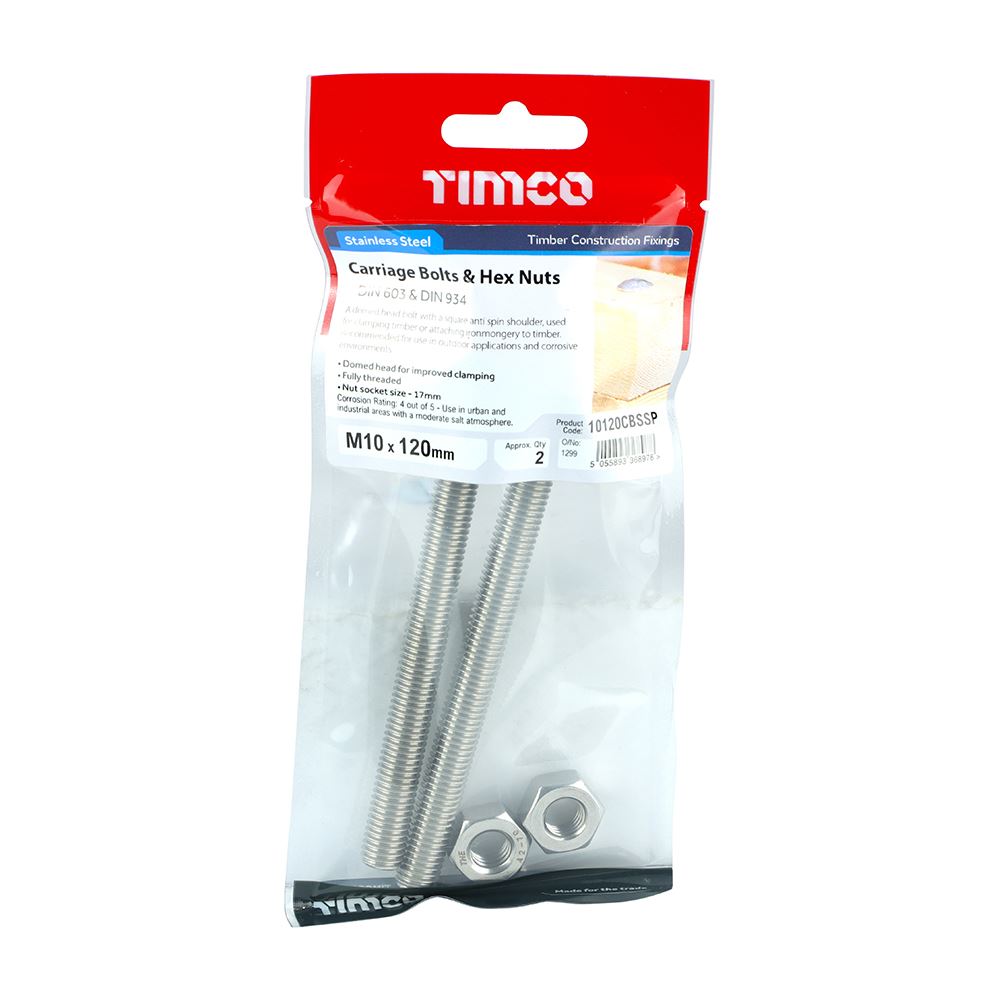 TIMCO Carriage Bolt & Hex Nut -A2 SS M10 x 120 Pack 2
